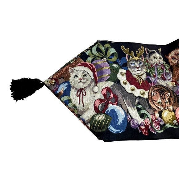 Holiday Cat Tapestry Table Runner With Festive Design & Tassels 27" X 13.5" - Picture 2 of 11